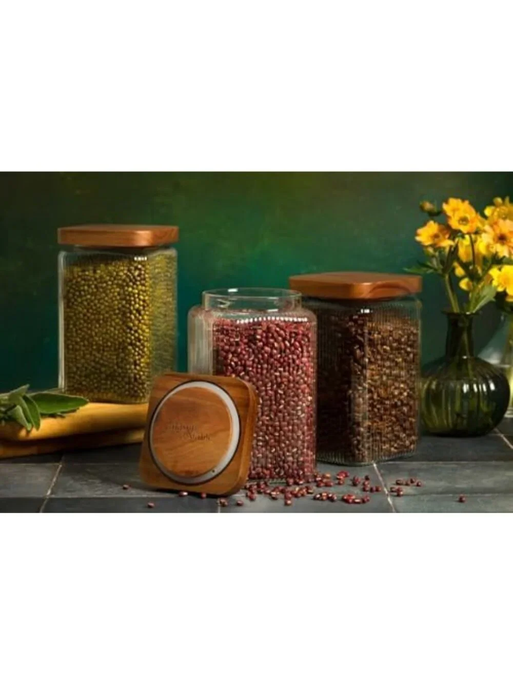 Ribbed Glass Square Jars with Wooden Lids - Set of 3 Airtight Storage Canisters
